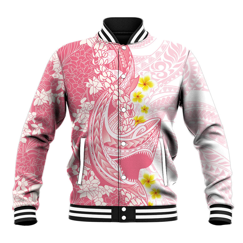 Pink Hawaii Shark Tattoo Baseball Jacket Puakenikeni Lei Plumeria Polynesian Pattern