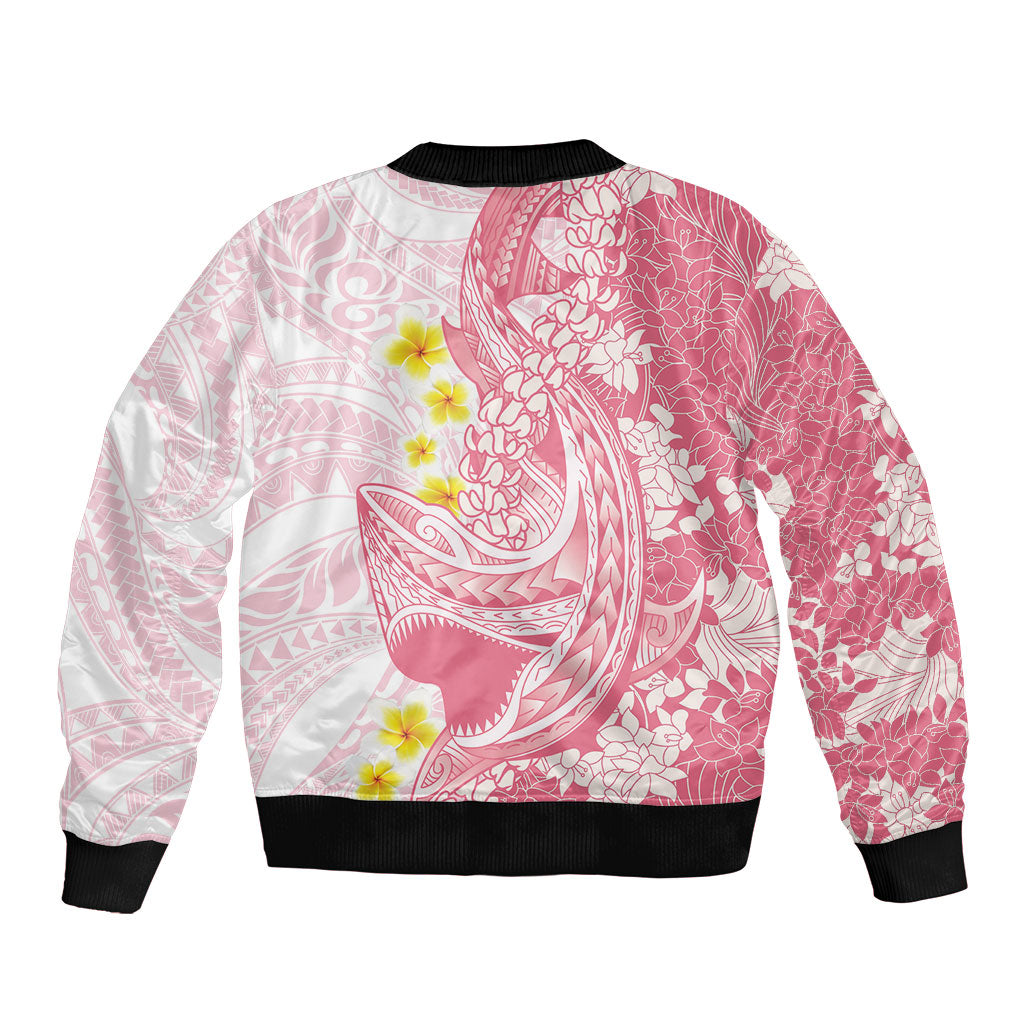 Pink Hawaii Shark Tattoo Bomber Jacket Puakenikeni Lei Plumeria Polynesian Pattern LT14 - Polynesian Pride