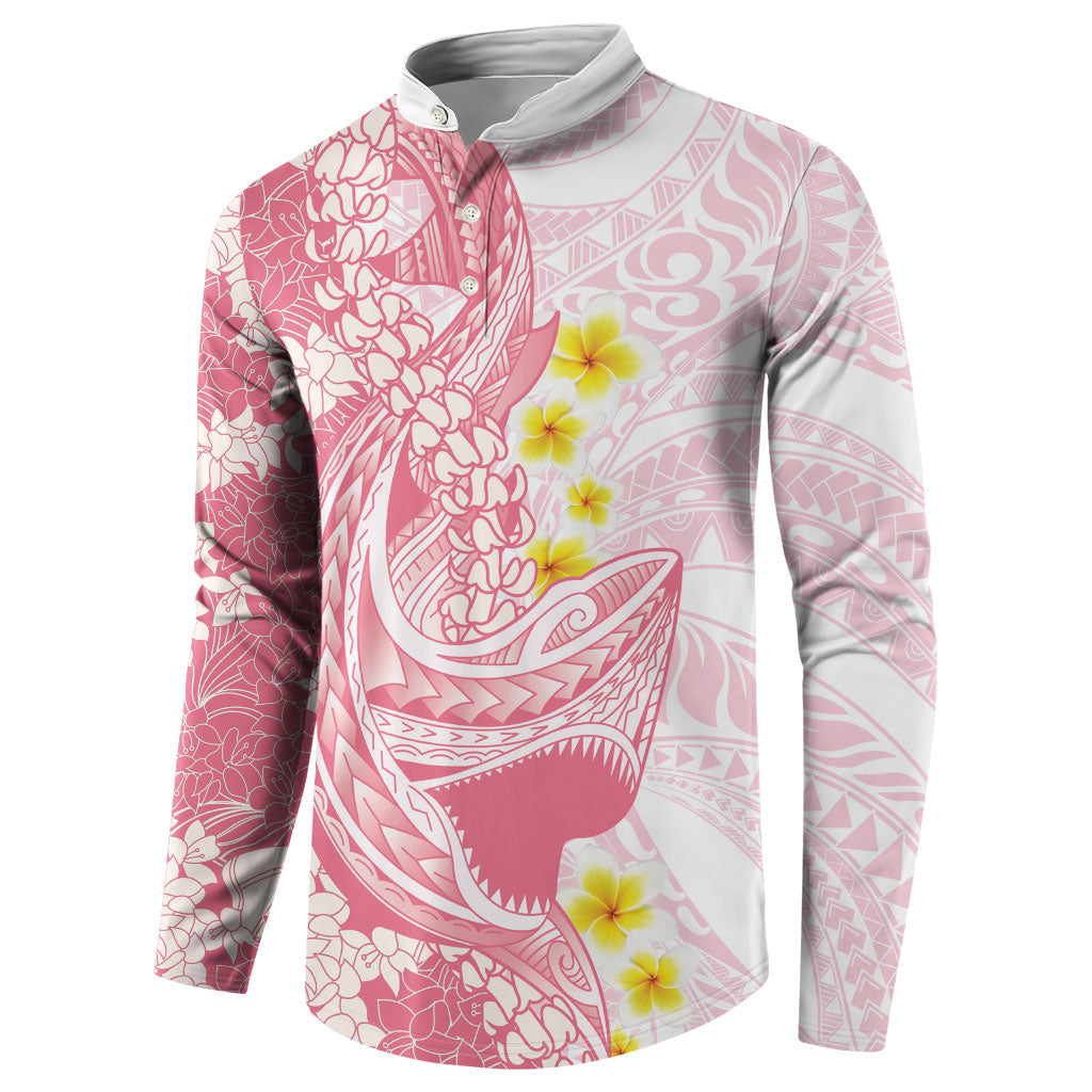 Pink Hawaii Shark Tattoo Button Sweatshirt Puakenikeni Lei Plumeria Polynesian Pattern