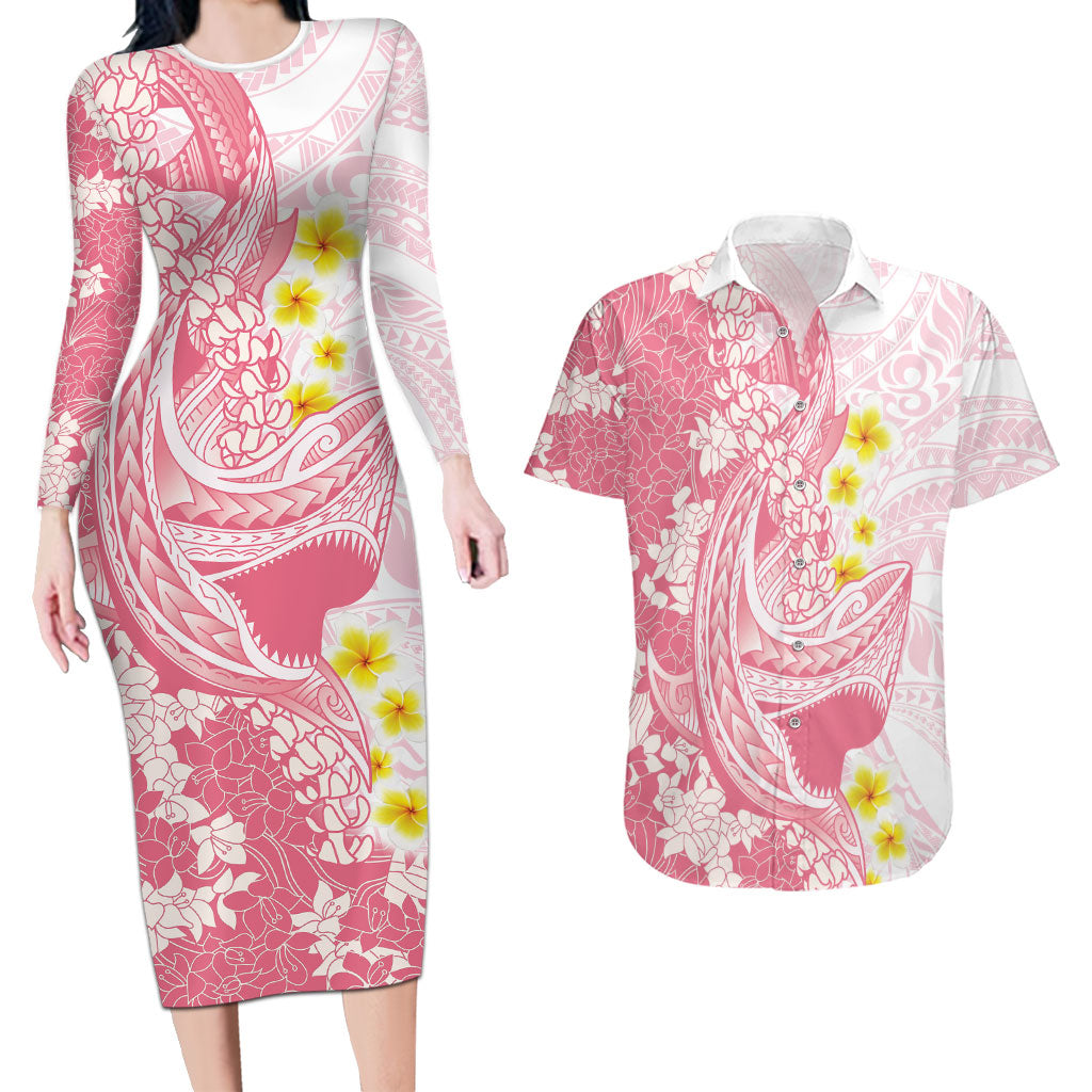 Pink Hawaii Shark Tattoo Couples Matching Long Sleeve Bodycon Dress and Hawaiian Shirt Puakenikeni Lei Plumeria Polynesian Pattern LT14 Pink - Polynesian Pride