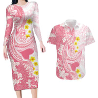 Pink Hawaii Shark Tattoo Couples Matching Long Sleeve Bodycon Dress and Hawaiian Shirt Puakenikeni Lei Plumeria Polynesian Pattern LT14 Pink - Polynesian Pride