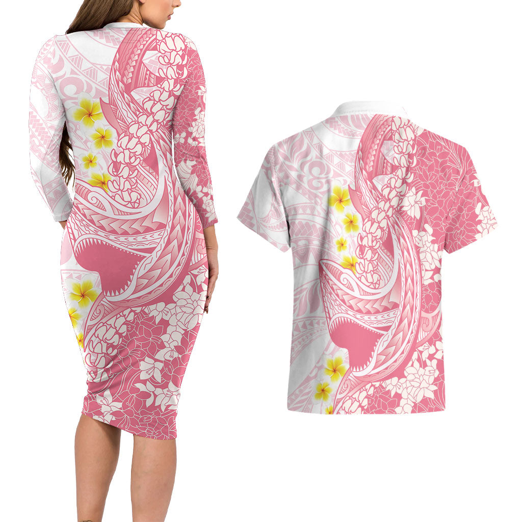 Pink Hawaii Shark Tattoo Couples Matching Long Sleeve Bodycon Dress and Hawaiian Shirt Puakenikeni Lei Plumeria Polynesian Pattern LT14 - Polynesian Pride