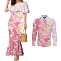 Pink Hawaii Shark Tattoo Couples Matching Mermaid Dress and Long Sleeve Button Shirt Puakenikeni Lei Plumeria Polynesian Pattern LT14 Pink - Polynesian Pride