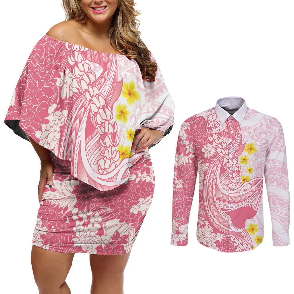 Pink Hawaii Shark Tattoo Couples Matching Off Shoulder Short Dress and Long Sleeve Button Shirt Puakenikeni Lei Plumeria Polynesian Pattern LT14 Pink - Polynesian Pride