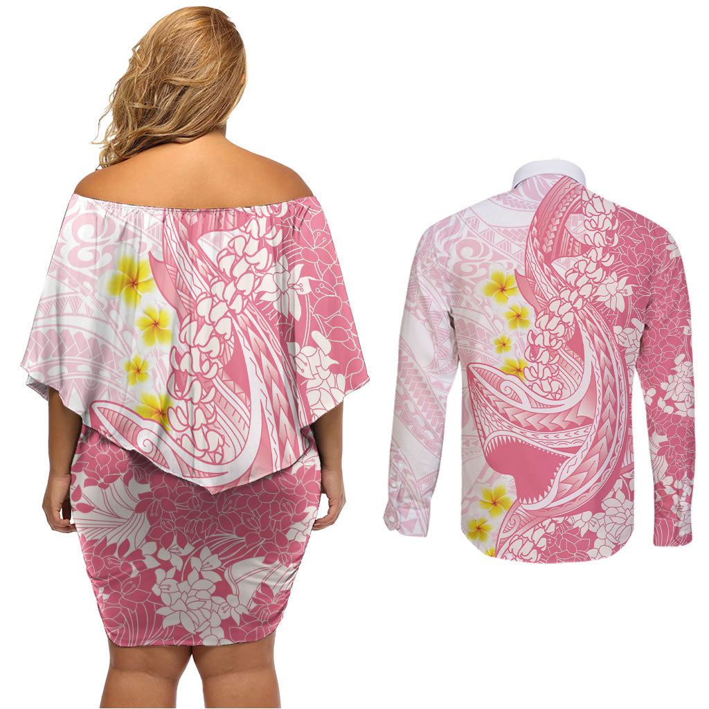Pink Hawaii Shark Tattoo Couples Matching Off Shoulder Short Dress and Long Sleeve Button Shirt Puakenikeni Lei Plumeria Polynesian Pattern LT14 - Polynesian Pride