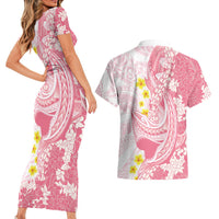 Pink Hawaii Shark Tattoo Couples Matching Short Sleeve Bodycon Dress and Hawaiian Shirt Puakenikeni Lei Plumeria Polynesian Pattern LT14 - Polynesian Pride