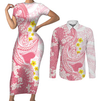 Pink Hawaii Shark Tattoo Couples Matching Short Sleeve Bodycon Dress and Long Sleeve Button Shirt Puakenikeni Lei Plumeria Polynesian Pattern LT14 Pink - Polynesian Pride