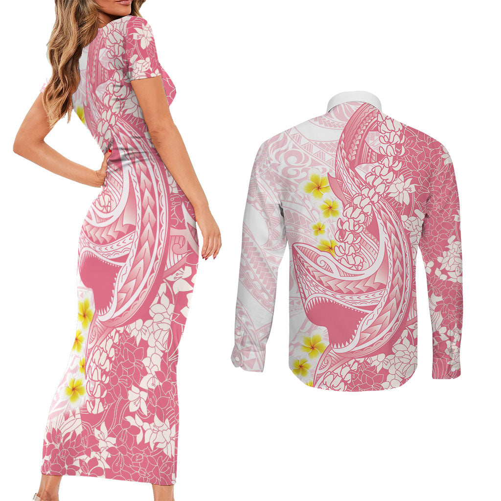 Pink Hawaii Shark Tattoo Couples Matching Short Sleeve Bodycon Dress and Long Sleeve Button Shirt Puakenikeni Lei Plumeria Polynesian Pattern LT14 - Polynesian Pride