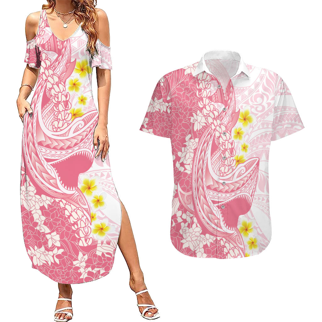Pink Hawaii Shark Tattoo Couples Matching Summer Maxi Dress and Hawaiian Shirt Puakenikeni Lei Plumeria Polynesian Pattern LT14 Pink - Polynesian Pride