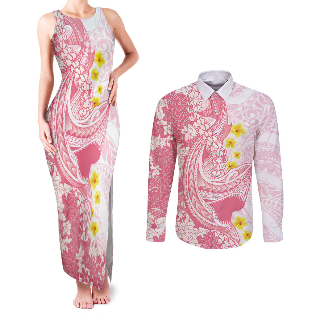 Pink Hawaii Shark Tattoo Couples Matching Tank Maxi Dress and Long Sleeve Button Shirt Puakenikeni Lei Plumeria Polynesian Pattern LT14 Pink - Polynesian Pride