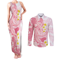 Pink Hawaii Shark Tattoo Couples Matching Tank Maxi Dress and Long Sleeve Button Shirt Puakenikeni Lei Plumeria Polynesian Pattern LT14 Pink - Polynesian Pride