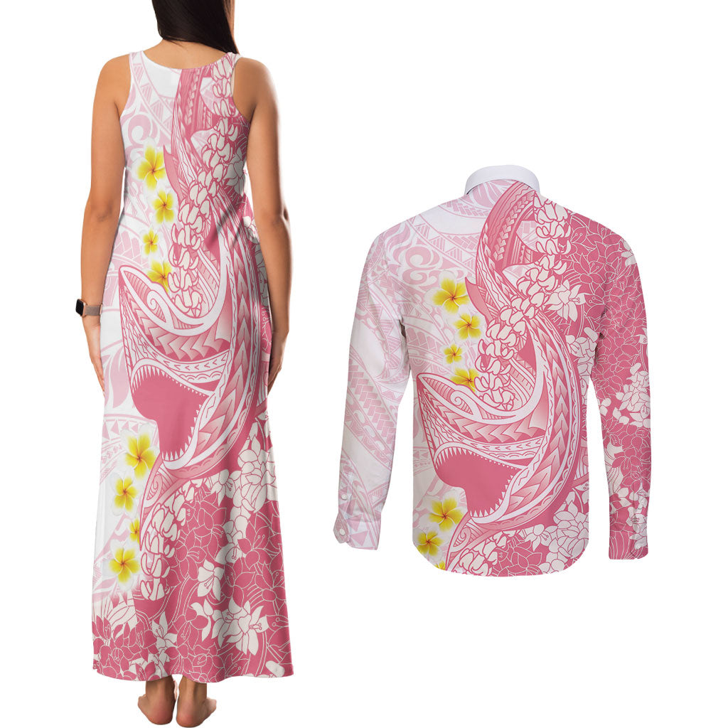 Pink Hawaii Shark Tattoo Couples Matching Tank Maxi Dress and Long Sleeve Button Shirt Puakenikeni Lei Plumeria Polynesian Pattern LT14 - Polynesian Pride