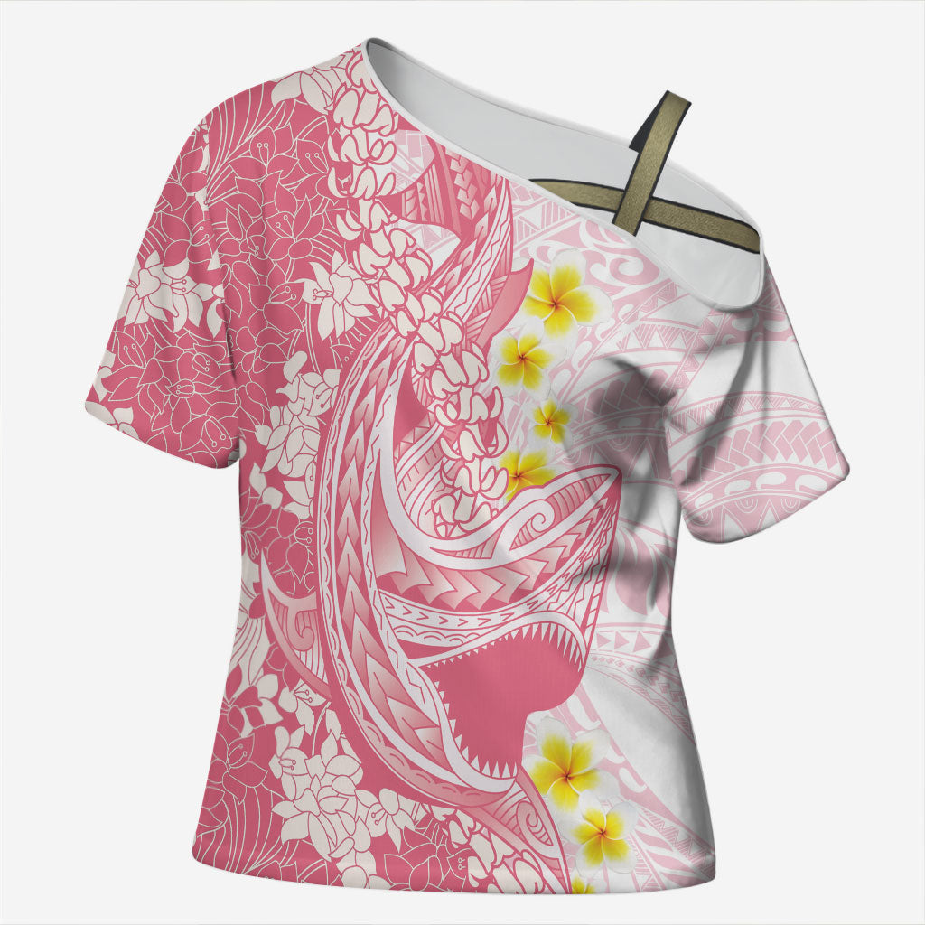 Pink Hawaii Shark Tattoo Cross Shoulder Shirt Puakenikeni Lei Plumeria Polynesian Pattern