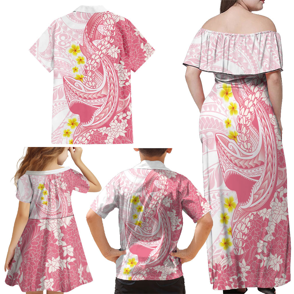 Pink Hawaii Shark Tattoo Family Matching Off Shoulder Maxi Dress and Hawaiian Shirt Puakenikeni Lei Plumeria Polynesian Pattern LT14 - Polynesian Pride