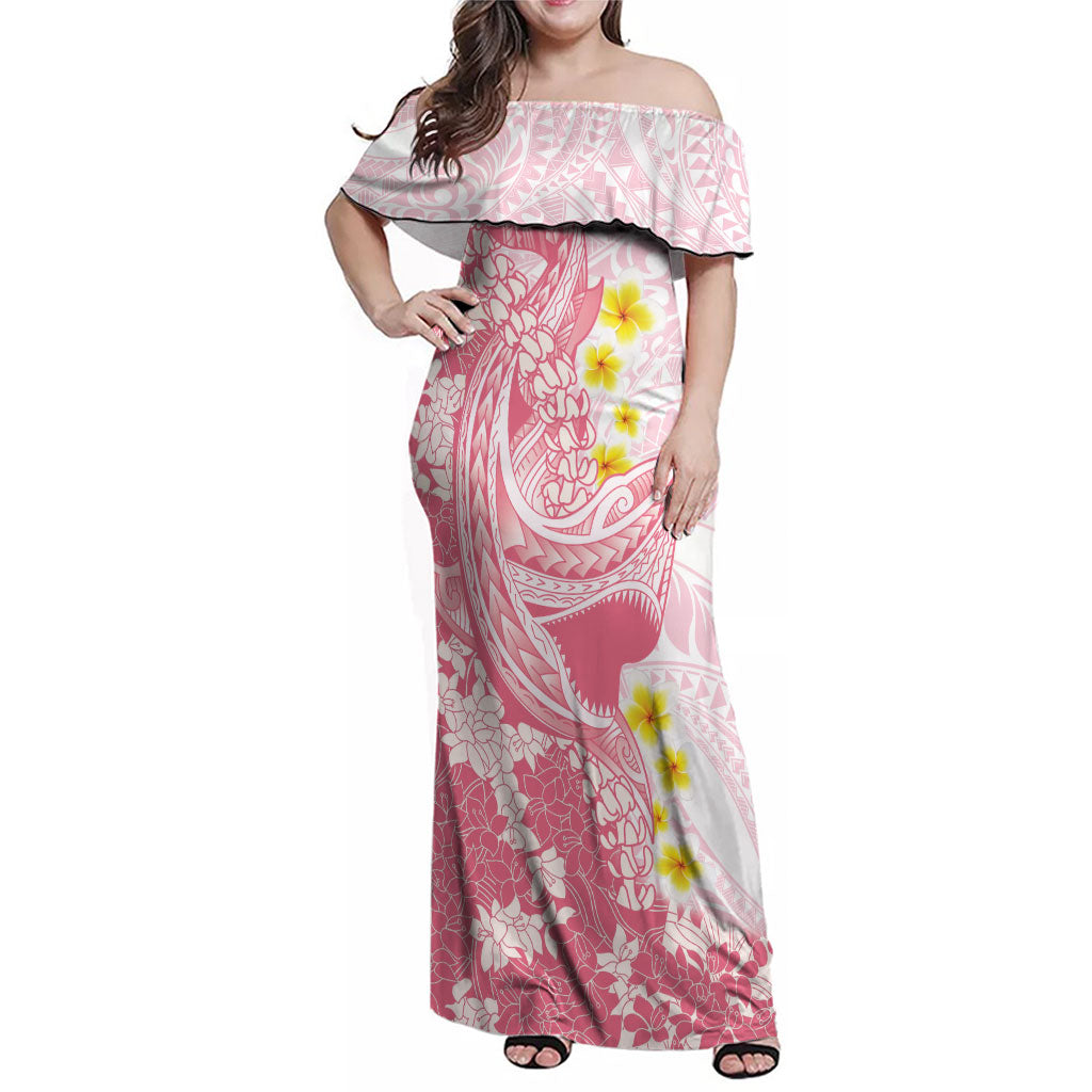 Pink Hawaii Shark Tattoo Family Matching Off Shoulder Maxi Dress and Hawaiian Shirt Puakenikeni Lei Plumeria Polynesian Pattern LT14 Mom's Dress Pink - Polynesian Pride