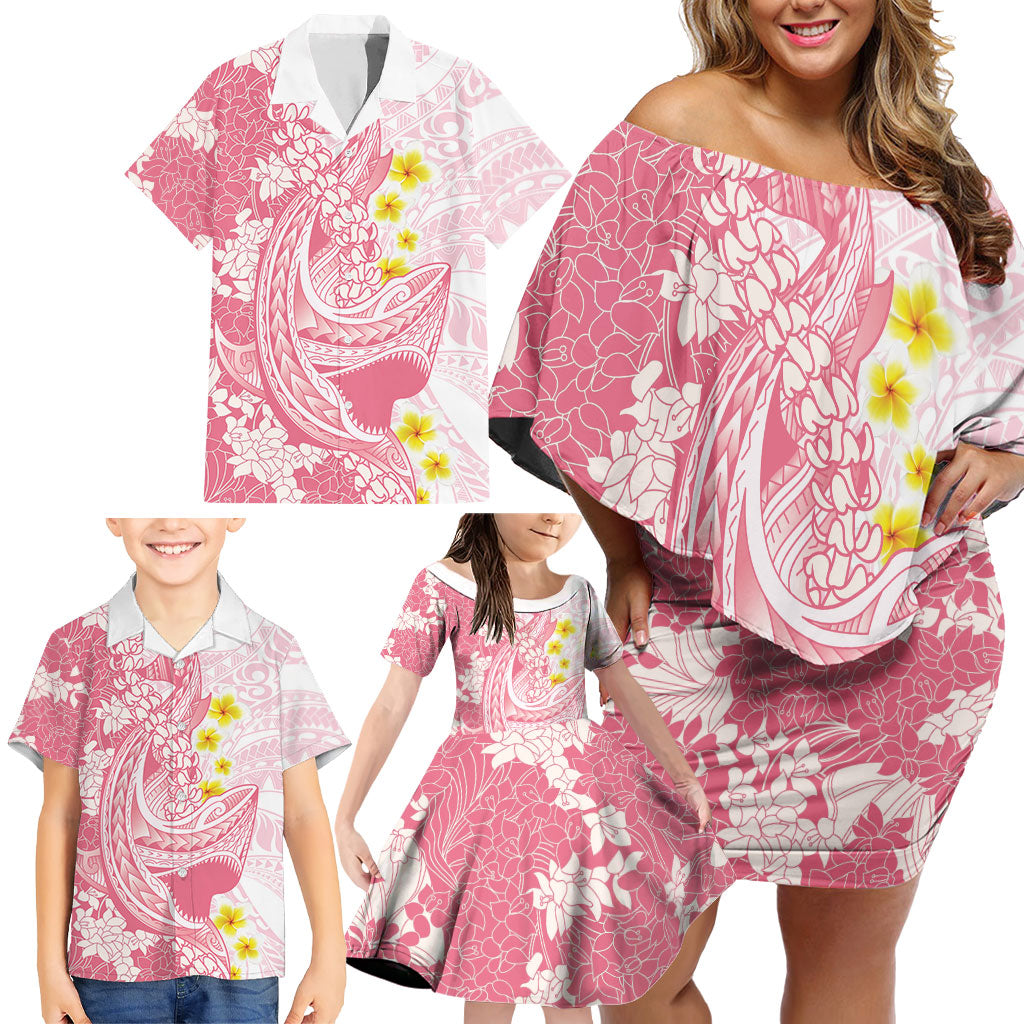 Pink Hawaii Shark Tattoo Family Matching Off Shoulder Short Dress and Hawaiian Shirt Puakenikeni Lei Plumeria Polynesian Pattern LT14 - Polynesian Pride