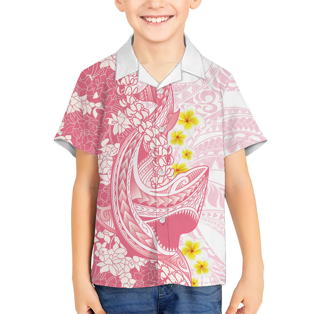 Pink Hawaii Shark Tattoo Family Matching Off Shoulder Short Dress and Hawaiian Shirt Puakenikeni Lei Plumeria Polynesian Pattern LT14 Son's Shirt Pink - Polynesian Pride