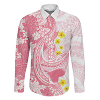 Pink Hawaii Shark Tattoo Family Matching Summer Maxi Dress and Hawaiian Shirt Puakenikeni Lei Plumeria Polynesian Pattern LT14 Dad's Shirt - Long Sleeve Pink - Polynesian Pride