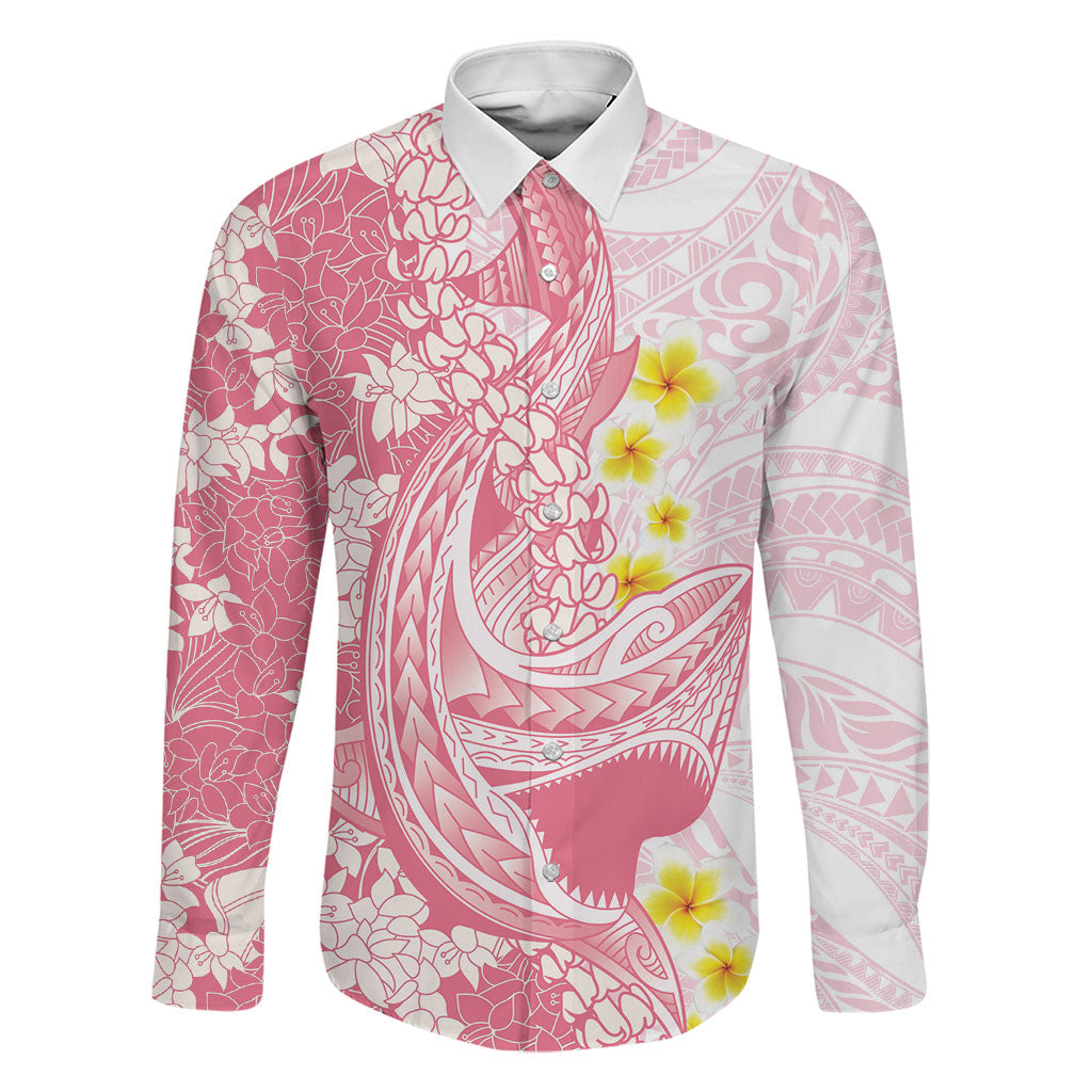 Pink Hawaii Shark Tattoo Family Matching Tank Maxi Dress and Hawaiian Shirt Puakenikeni Lei Plumeria Polynesian Pattern LT14 Dad's Shirt - Long Sleeve Pink - Polynesian Pride