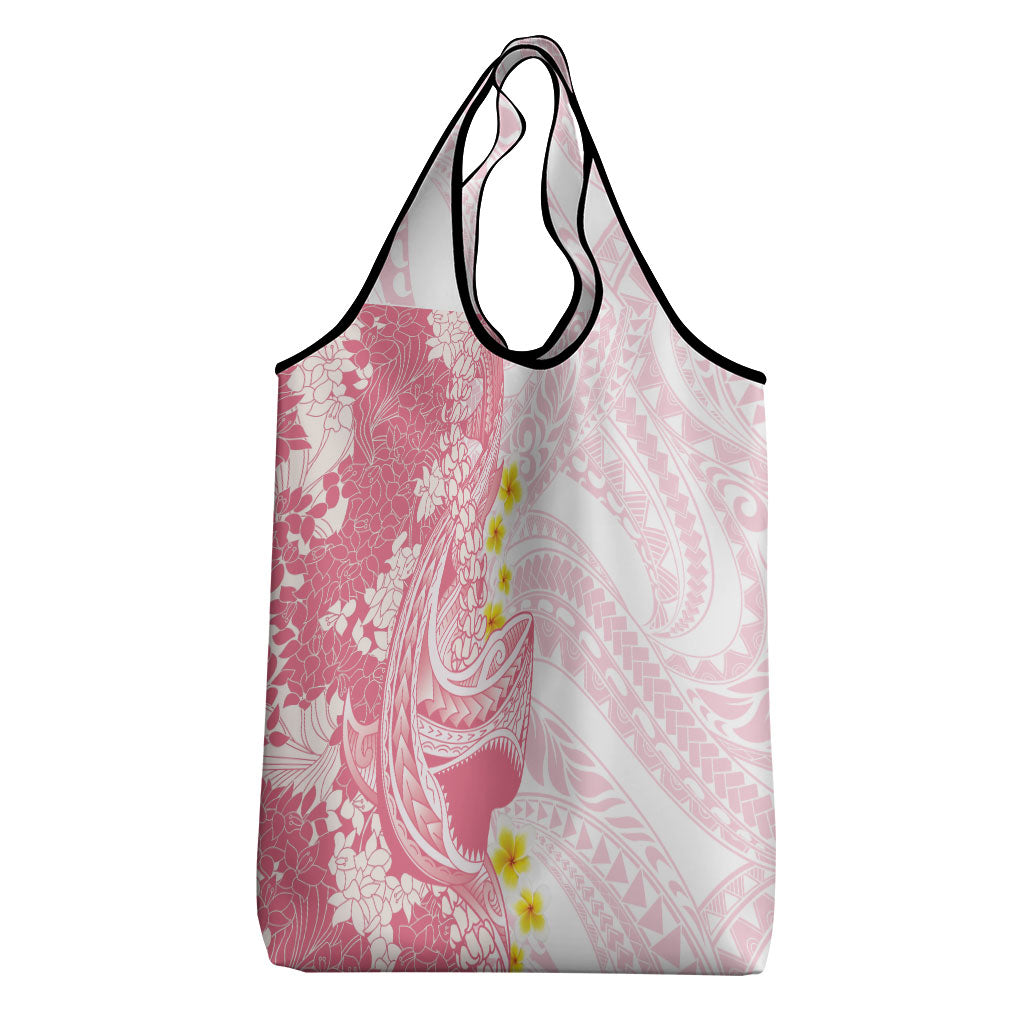 Pink Hawaii Shark Tattoo Grocery Bag Puakenikeni Lei Plumeria Polynesian Pattern