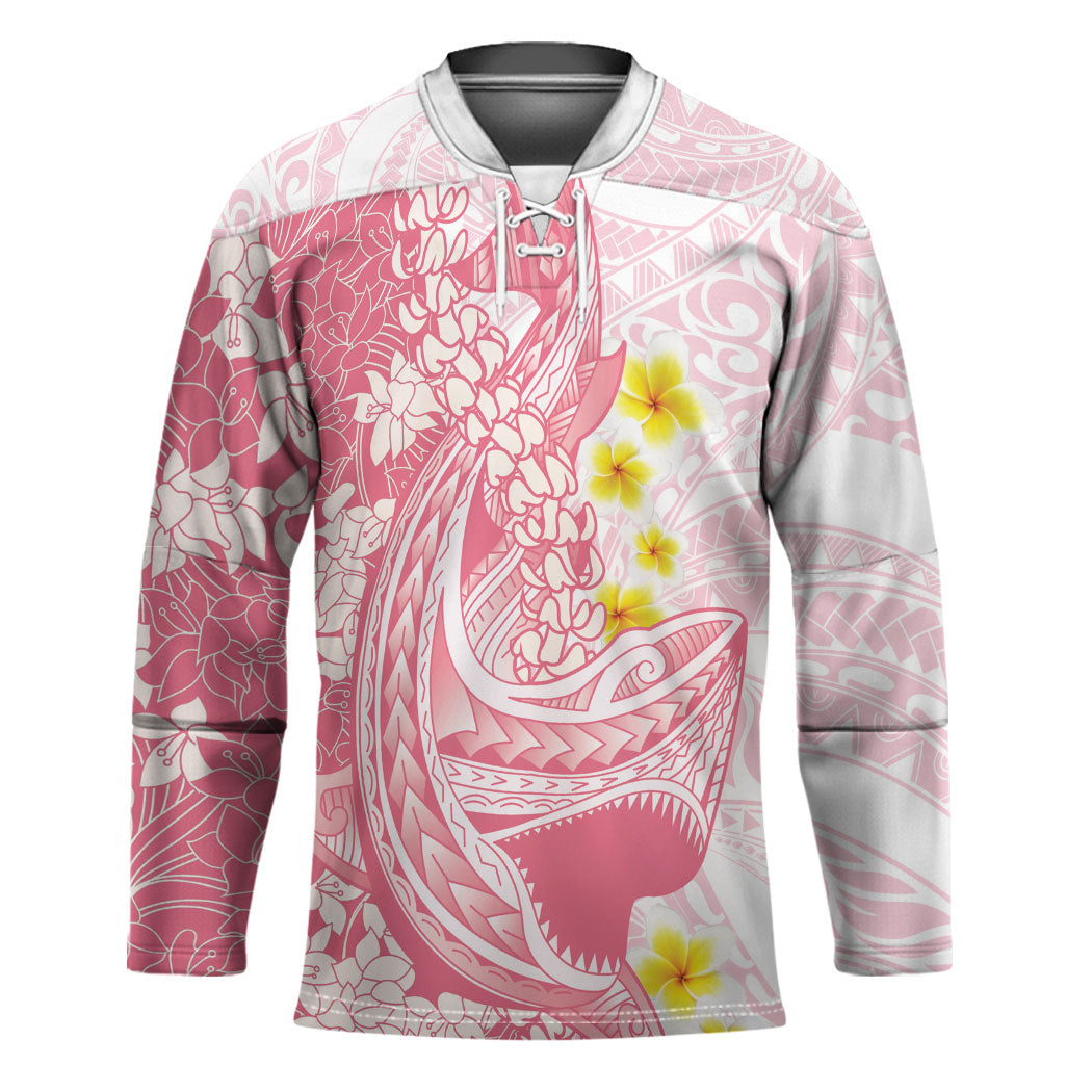 Pink Hawaii Shark Tattoo Hockey Jersey Puakenikeni Lei Plumeria Polynesian Pattern