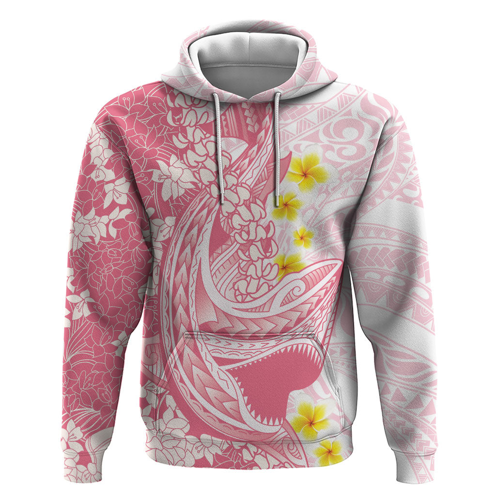 Pink Hawaii Shark Tattoo Hoodie Puakenikeni Lei Plumeria Polynesian Pattern