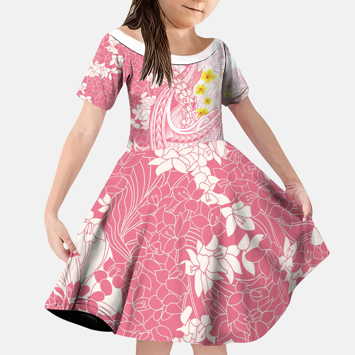Pink Hawaii Shark Tattoo Kid Short Sleeve Dress Puakenikeni Lei Plumeria Polynesian Pattern