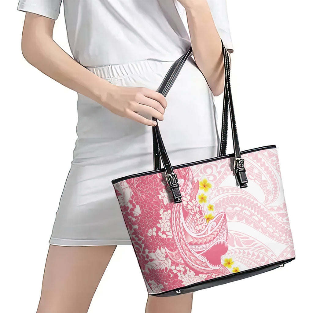 Pink Hawaii Shark Tattoo Leather Tote Bag Puakenikeni Lei Plumeria Polynesian Pattern