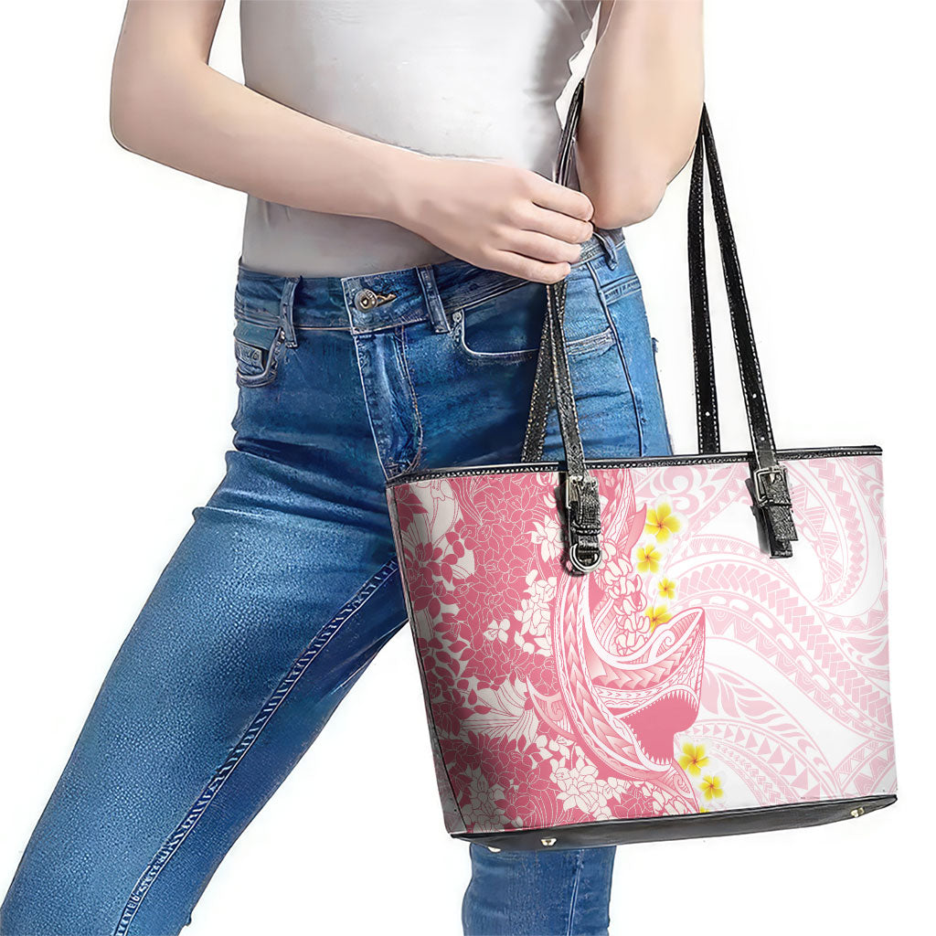Pink Hawaii Shark Tattoo Leather Tote Bag Puakenikeni Lei Plumeria Polynesian Pattern
