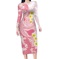 Pink Hawaii Shark Tattoo Long Sleeve Bodycon Dress Puakenikeni Lei Plumeria Polynesian Pattern
