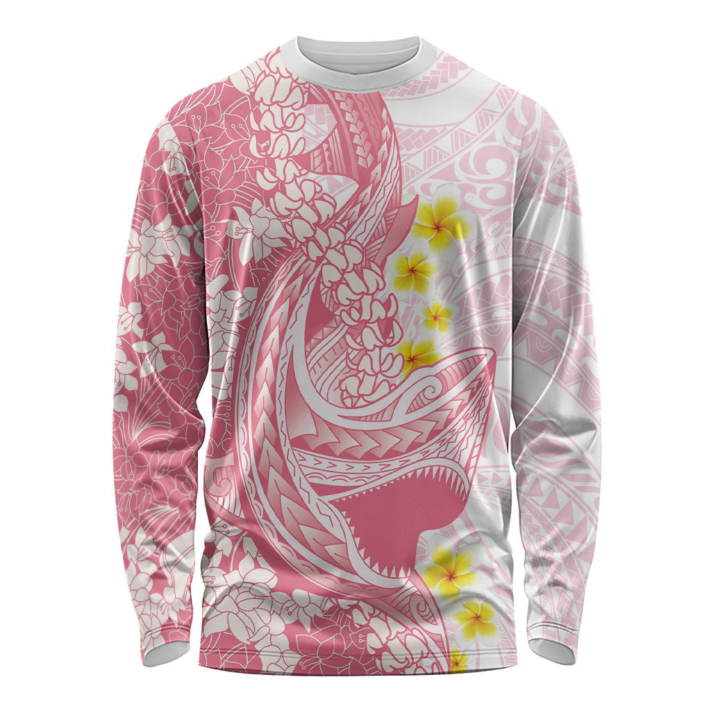 Pink Hawaii Shark Tattoo Long Sleeve Shirt Puakenikeni Lei Plumeria Polynesian Pattern