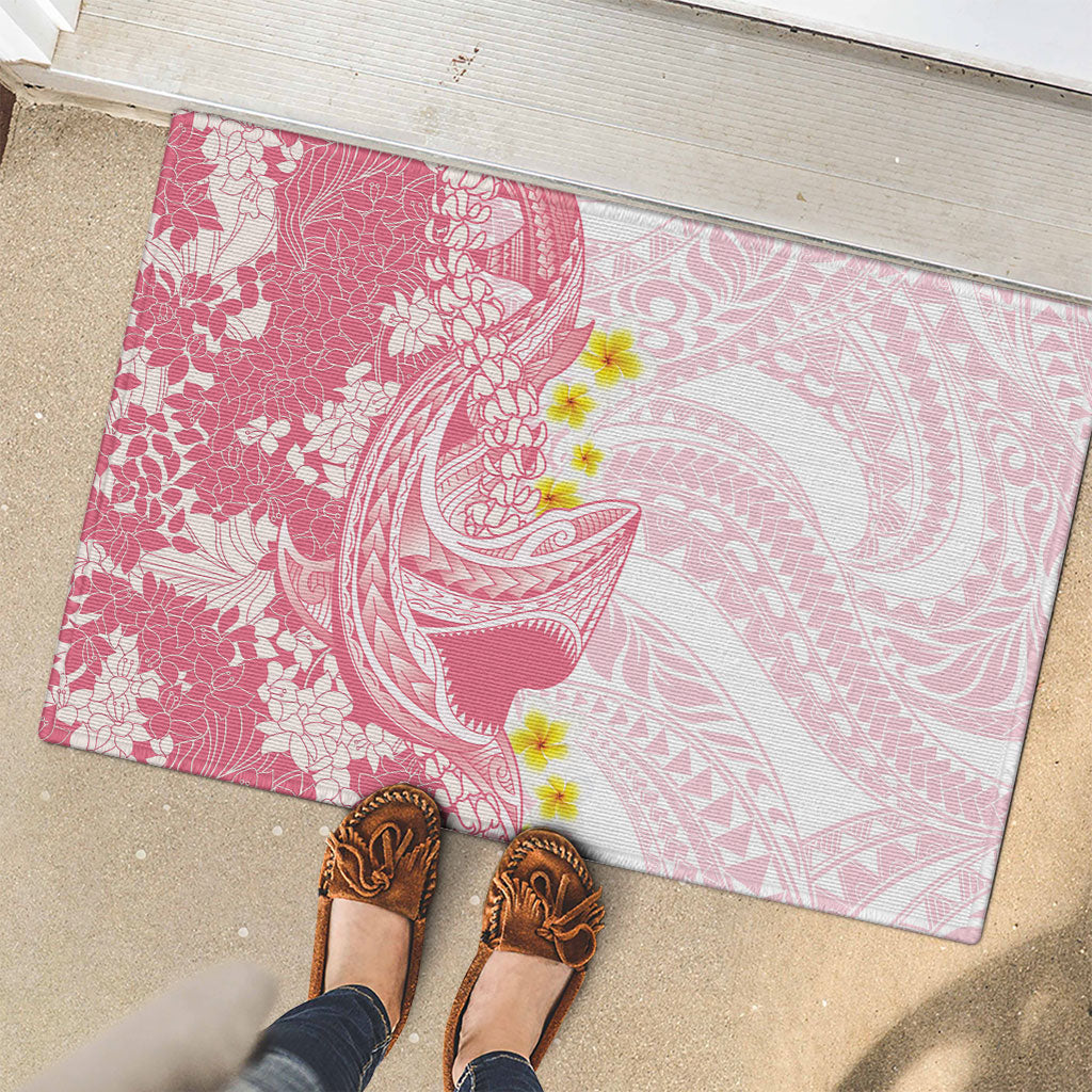 Pink Hawaii Shark Tattoo Rubber Doormat Puakenikeni Lei Plumeria Polynesian Pattern