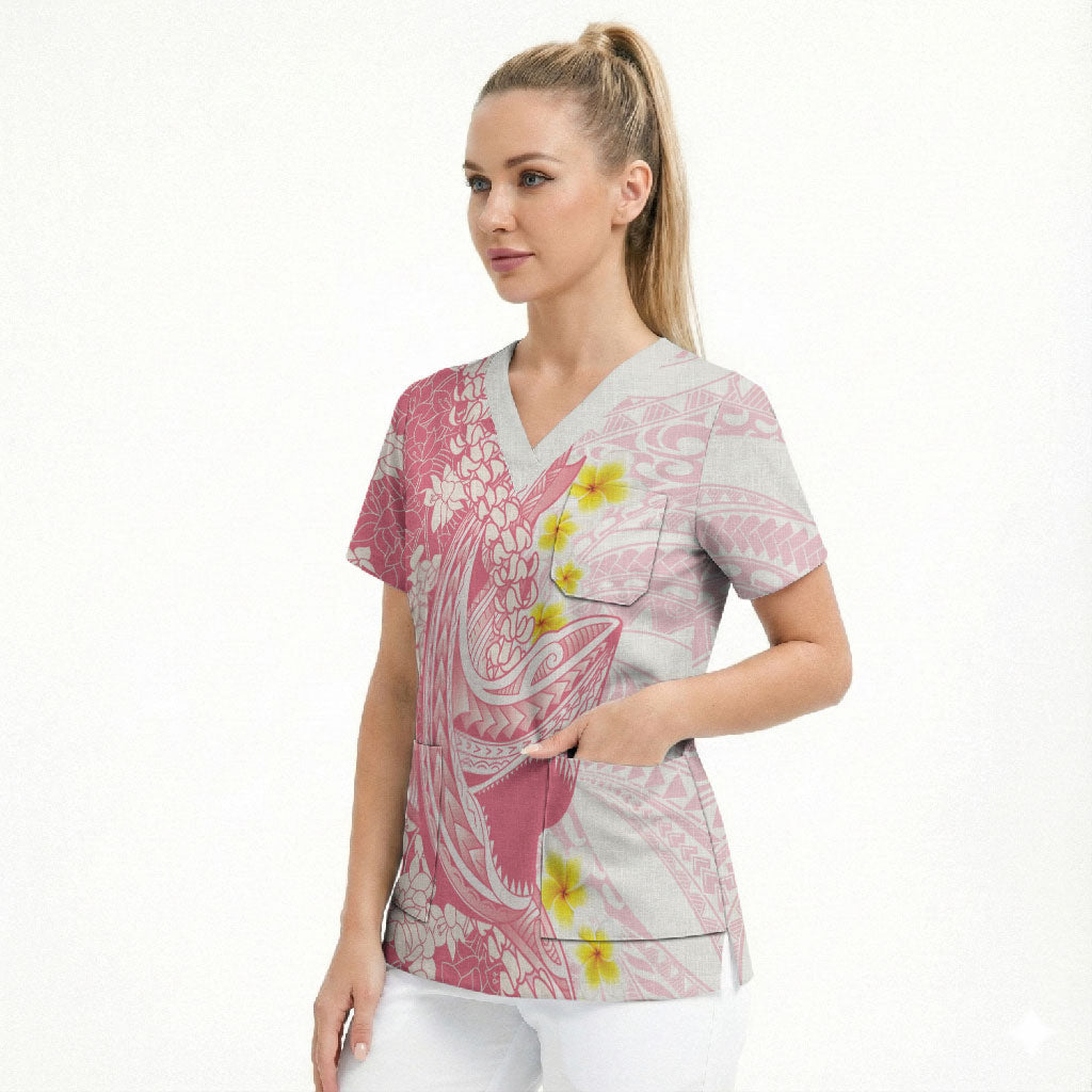 Pink Hawaii Shark Tattoo Scrub Top Puakenikeni Lei Plumeria Polynesian Pattern