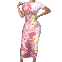 Pink Hawaii Shark Tattoo Short Sleeve Bodycon Dress Puakenikeni Lei Plumeria Polynesian Pattern