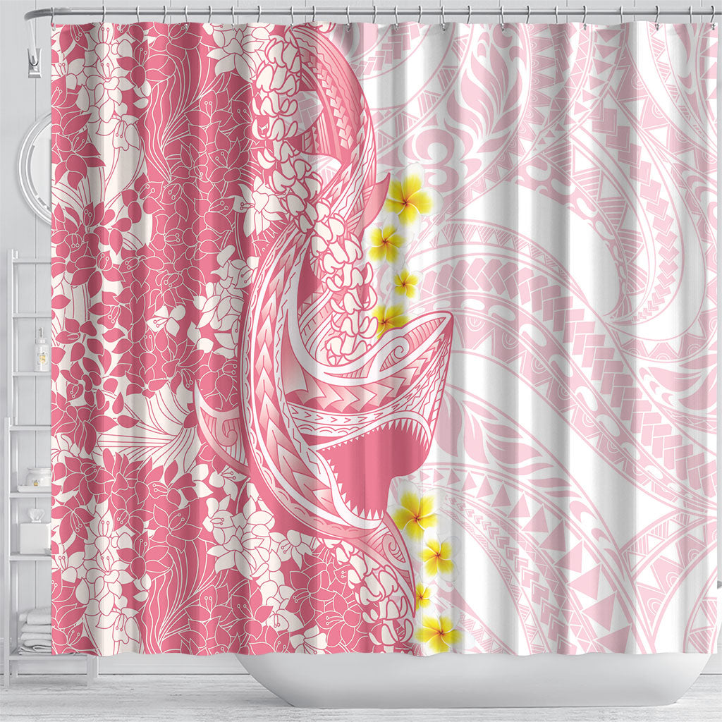 Pink Hawaii Shark Tattoo Shower Curtain Puakenikeni Lei Plumeria Polynesian Pattern