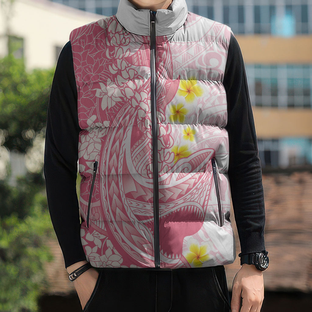 Pink Hawaii Shark Tattoo Sleeveless Puffer Jacket Puakenikeni Lei Plumeria Polynesian Pattern