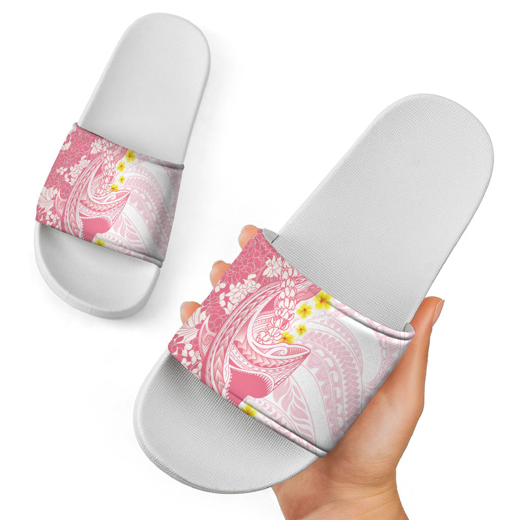 Pink Hawaii Shark Tattoo Slide Sandals Puakenikeni Lei Plumeria Polynesian Pattern