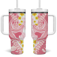 Pink Hawaii Shark Tattoo Tumbler With Handle Puakenikeni Lei Plumeria Polynesian Pattern