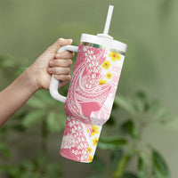 Pink Hawaii Shark Tattoo Tumbler With Handle Puakenikeni Lei Plumeria Polynesian Pattern