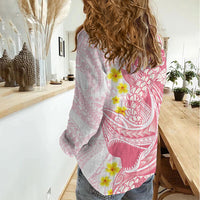 Pink Hawaii Shark Tattoo Women Casual Shirt Puakenikeni Lei Plumeria Polynesian Pattern