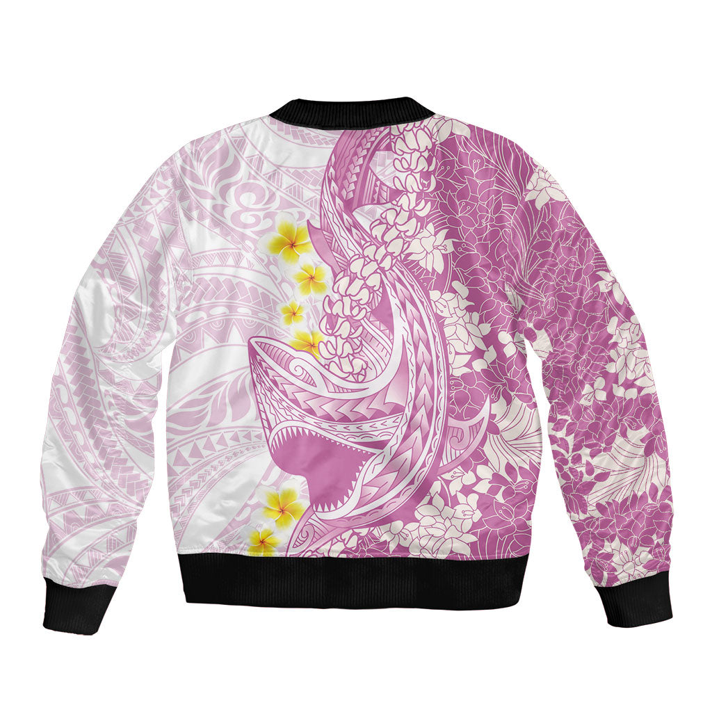 Purple Hawaii Shark Tattoo Bomber Jacket Puakenikeni Lei Plumeria Polynesian Pattern