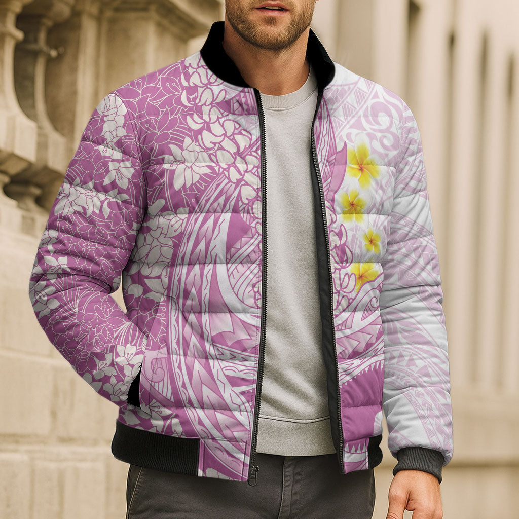 Purple Hawaii Shark Tattoo Bomber Puffer Jacket Puakenikeni Lei Plumeria Polynesian Pattern