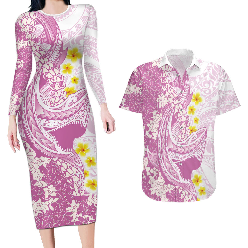 Purple Hawaii Shark Tattoo Couples Matching Long Sleeve Bodycon Dress and Hawaiian Shirt Puakenikeni Lei Plumeria Polynesian Pattern LT14 Purple - Polynesian Pride