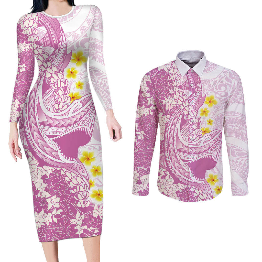 Purple Hawaii Shark Tattoo Couples Matching Long Sleeve Bodycon Dress and Long Sleeve Button Shirt Puakenikeni Lei Plumeria Polynesian Pattern LT14 Purple - Polynesian Pride