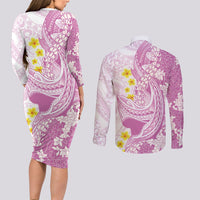 Purple Hawaii Shark Tattoo Couples Matching Long Sleeve Bodycon Dress and Long Sleeve Button Shirt Puakenikeni Lei Plumeria Polynesian Pattern LT14 - Polynesian Pride