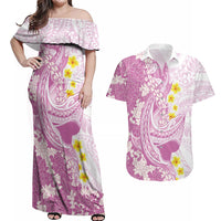 Purple Hawaii Shark Tattoo Couples Matching Off Shoulder Maxi Dress and Hawaiian Shirt Puakenikeni Lei Plumeria Polynesian Pattern LT14 Purple - Polynesian Pride