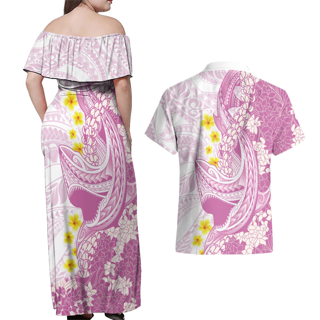 Purple Hawaii Shark Tattoo Couples Matching Off Shoulder Maxi Dress and Hawaiian Shirt Puakenikeni Lei Plumeria Polynesian Pattern LT14 - Polynesian Pride