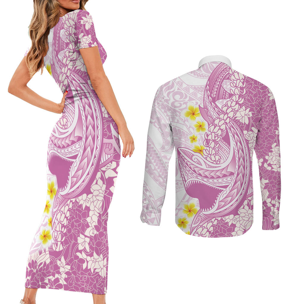 Purple Hawaii Shark Tattoo Couples Matching Short Sleeve Bodycon Dress and Long Sleeve Button Shirt Puakenikeni Lei Plumeria Polynesian Pattern LT14 - Polynesian Pride