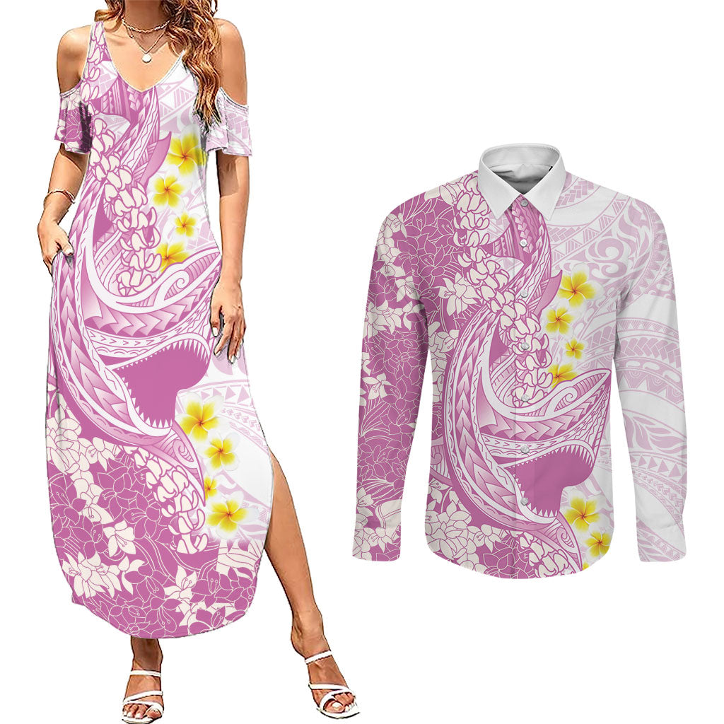Purple Hawaii Shark Tattoo Couples Matching Summer Maxi Dress and Long Sleeve Button Shirt Puakenikeni Lei Plumeria Polynesian Pattern LT14 Purple - Polynesian Pride
