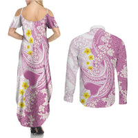 Purple Hawaii Shark Tattoo Couples Matching Summer Maxi Dress and Long Sleeve Button Shirt Puakenikeni Lei Plumeria Polynesian Pattern LT14 - Polynesian Pride